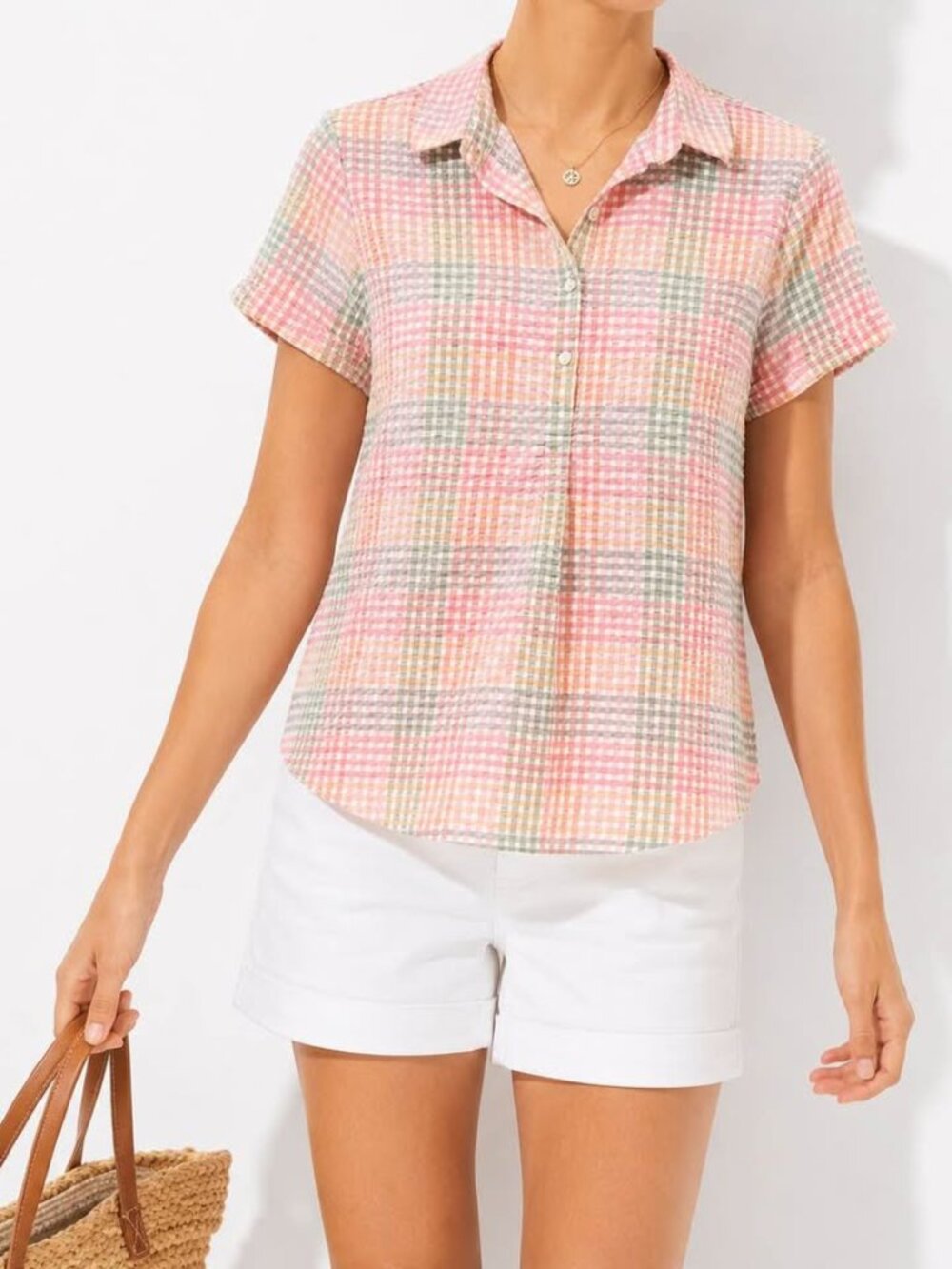L.L. Bean Pastel Plaid Seersucker Classic Pop Over Vacationland Top [size L]